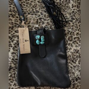 Two Bar West Black Leather Bag with Turquoise Accents and Fringe Accented Strap